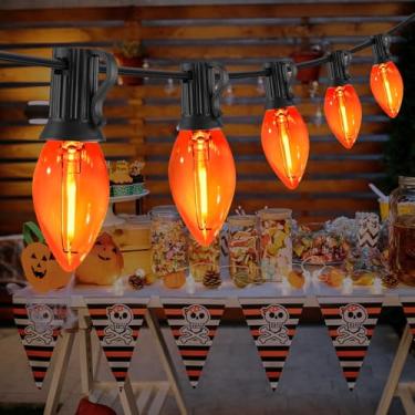 Imagem de CHYParty Luzes de Halloween laranja de 3 m ao ar livre, cordão de luzes LED C7 com fio preto para pátio, grade de varanda, passarela, decoração de pano de fundo de festa