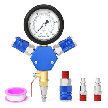 Imagem de MEANLIN MEASURE Coletor de ar de 3 vias com medidor de pressão de 100 psi, acessórios de conexão rápida sextavados industriais de alumínio, divisor de ar para acessórios de mangueira de compressor de