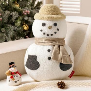 Imagem de Phantoscope Almofada em forma de Merry Christmas, almofada de pelúcia de lã de ovelha com cachecol e chapéu, almofada decorativa de boneco de neve de Natal para sofá, cama de sala de estar, bege, 42 x