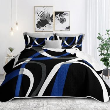Imagem de Jogo de cama queen preto e azul com 2 fronhas, conjunto de edredom listrado moderno, padrão de linha, colcha cinza e azul, 224 x 236 cm