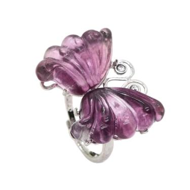 Imagem de Anel de borboleta esculpida com pedra preciosa natural – Anel de empilhamento ajustável de 25 mm, joias modernas para mulheres (tamanhos 8-12), Pedra, Ágata