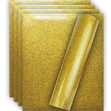 Imagem de Tvinyl Warehouse Glitter HTV Vinil de transferência de calor para camiseta 30,48 x 25,40 cm (pacote com 5), fácil de usar e passar a ferro, tamanho garantido, Dourado, 5 Sheets, 1