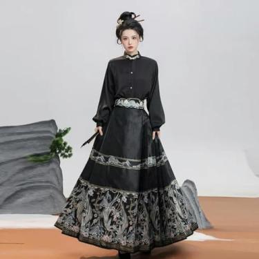 Imagem de Camisa longa preta estilo chinês original maquiagem flor cavalo rosto saia Hanfu terno com cinto elegante fantasias de princesa