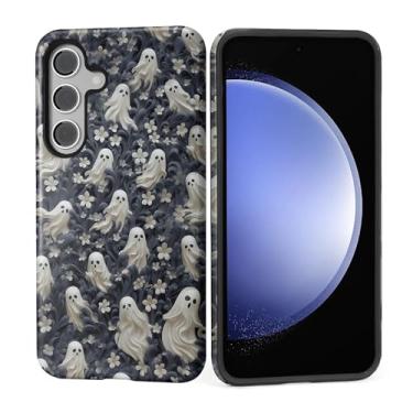 Imagem de Capa para Samsung Galaxy S24, silicone macio brilhante + PC rígido antiarranhões capa protetora 2 em 1 resistente à prova de choque para mulheres e homens - fantasma floral de Halloween