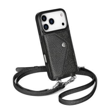 Imagem de LUCKYCOIN Capa de telefone transversal para iPhone 17 Pro, capa carteira de couro genuíno com suporte expansível para cartão, bolsa de telefone preta para mulheres com alça removível ajustável, para