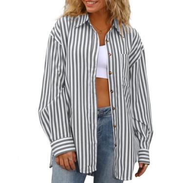 Imagem de Camisa feminina CHYRII listrada com botões preta, mistura de algodão S