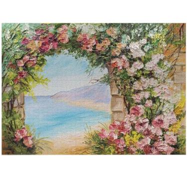 Imagem de Ambesonne Art Jigsaw Puzzle for Adults, Old Antique Arch Covered by Rose Petals Branches Romantic Italian Panorama Sea Print, Heirloom-Quality Fun Activity Durable Cardboard, 1000 pcs, Multicolor