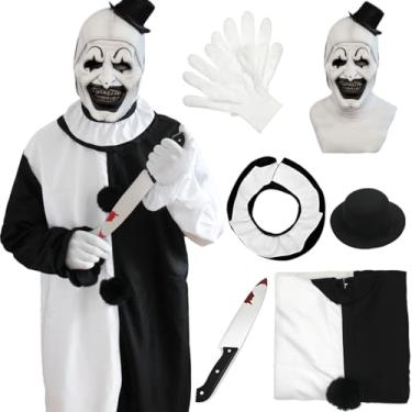 Imagem de Syukakin Fantasia de palhaço Halloween cosplay preto e branco palhaço conjunto com acessórios de máscara (máscara completa, M)