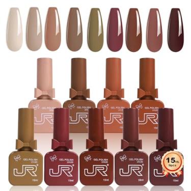 Imagem de JR Conjunto de esmalte de gel marrom com 9 cores, 14,2 g, design de outono, kit de esmalte de gel nude UV LED de imersão para casa, presente faça você mesmo, série de esmaltes em gel de outono
