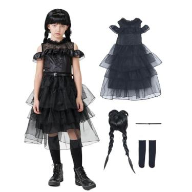 Imagem de Vestido gótico preto para meninas, fantasia de Halloween com cinto de peruca, 4 peças, conjunto de terno infantil para meninas, cosplay, festa, roupa vintage, Preto, G