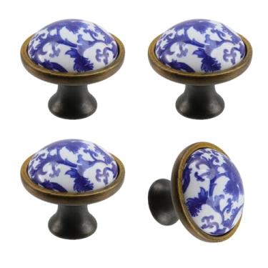 Imagem de Chinflly Puxadores de armário puxadores de cerâmica de 34 mm puxadores de gaveta de porcelana azul branco com parafusos para cômoda armário guarda-roupa, 4 pacotes