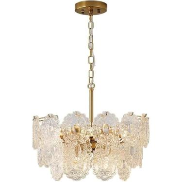Imagem de Lustre de vidro com 6 luzes, 15,7" Lustre nórdico moderno vintage dourado para sala de estar, grande luminária pendente de teto, lustre de cristal para sala de jantar, cozinha, ilha, quarto
