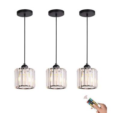 Imagem de Luminária pendente sem fio de vidro de cristal moderno com controle remoto, pacote com 3 lâmpadas suspensas de teto operadas por bateria recarregável para ilha de cozinha, sala de jantar, qu