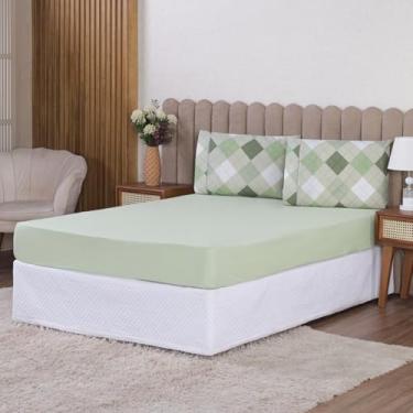 Imagem de Lençol 400 Fios 3 Peças Micropercal C/Elástico | Estampado Com Fronha | Solteiro Casal Queen King (Queen, Xadrez Verde)