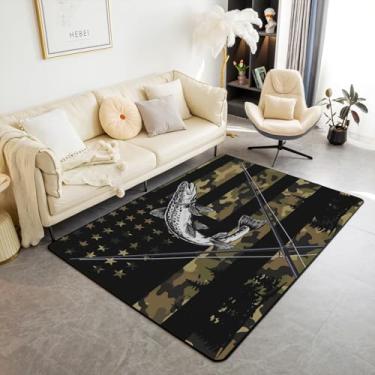 Imagem de jejeloiu Tapetes de sala de estar com bandeira americana para quarto, 3D, robalo, peixe, sala de estar, para quarto, para crianças, meninos, meninas, caça, pesca, decoração, tapete, rústico, casa de