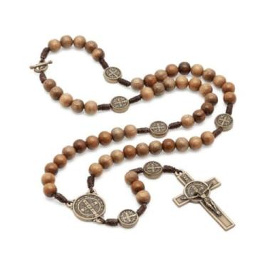 Imagem de Colar Terço em Madeira Imbuia, Medalha de São Bento, Contas 8mm, Crucifixo 4,5x3cm, Fecho em Ouro Velho, 42cm de Comprimento