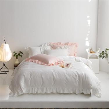 Imagem de Jogo de cama de edredom com babados, verde claro com babados, 600 fios, lençol com elástico (lençol de elástico branco king size)