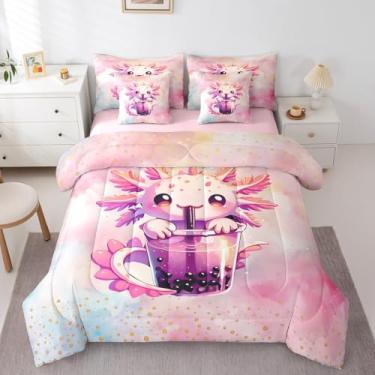 Imagem de Erosebridal Jogo de cama solteiro com axolotl arco-íris rosa, fofo axolote para bebida e leite, cama de chá em um saco, conjunto de edredom de animal sonhador com lençóis, conjunto de cama de 7 peças