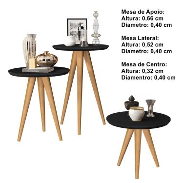 Imagem de conjunto 3 mesas sala retrô pés palito, centro, lateral e apoio havana - preto - Comprar Moveis Em Casa