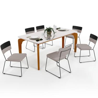 Imagem de Mesa Capri 160 Off White Nature Com 6 Cadeiras Allana B05 Faixa Corano Preto Linho Bege - Lyam Decor