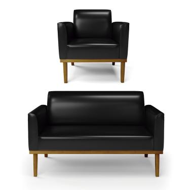 Imagem de Sofá Namoradeira com Poltrona Base de Madeira Fixa Castanho Marisa Corano Preto  D03 - D'Rossi