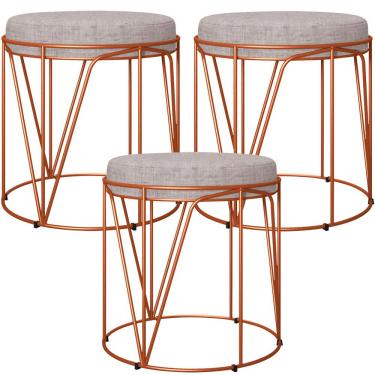 Imagem de Kit 03 Puffs Decorativo Aramado Bronze Zaya L02 Linho Cinza - Lyam Decor