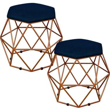 Imagem de Kit 02 Puffs Decorativo Aramado Bronze Six L02 Suede Azul Marinho - Lyam Decor