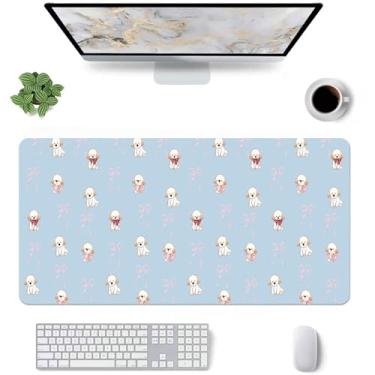 Imagem de Tapete de mesa com arco de pug de desenho animado, médio, estendido, teclado de computador, mouse pad, couro azul macio antiderrapante para desktop/escritório/casa/estudo/decoração/escrita