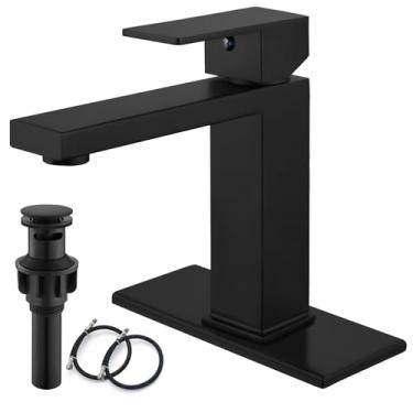 Imagem de Torneira de pia de banheiro preta fosca para pia de 1 furo montagem no convés de aço inoxidável 304 bacia com um furo 1 alça torneira misturadora com ralo pop up