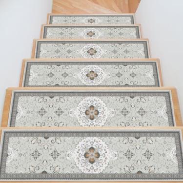 Imagem de InIsaJace Passos de escada para degraus de madeira, pacote com 15 corredores de escada vintage, antiderrapante, 20 x 76 cm, tapetes laváveis com suporte de silicone para crianças, idosos e cães