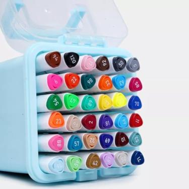 Imagem de Maleta Canetinha Triangular Ponta Dupla Hidrográfica Pote 48 Cores Tinta Colorida Lavável Infantil Escolar Arte Desenho Criativo