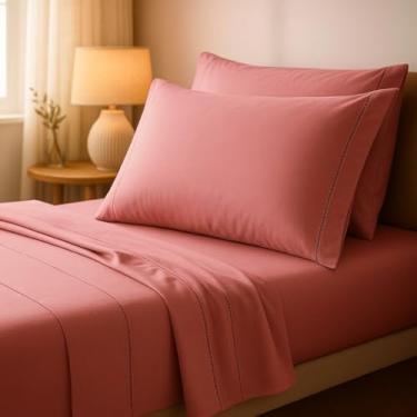 Imagem de Jogo de Cama Casal 400 Fios - Lençol com Elástico e Fronha Envelope, Conforto e Sofisticação(Rose,Solteiro 3 Peças)