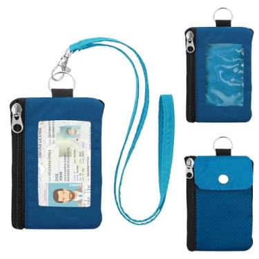 Imagem de Carteira minimalista com bloqueio de RFID com cordão, capa de identificação funcional com 2 bolsos com zíper e chaveiro para homens e mulheres, porta-cartões tático para crachá, porta-moedas para