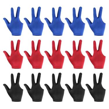 Imagem de Luva de piscina respirável elastano mão esquerda, 15 peças, 3 dedos, acessórios de bilhar antiderrapantes para mulheres e homens, tacos de tiro, snooker esportivo, multicolorida