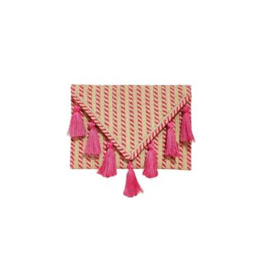 Imagem de Bolsa feminina listrada com franja de palha, Rosa choque, tamanho �nico