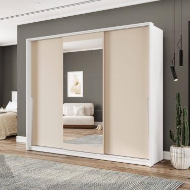 Imagem de Guarda Roupa Roupeiro 3 Portas de Correr 4 Gavetas com Espelho Porto Branco Creme Politorno Móveis