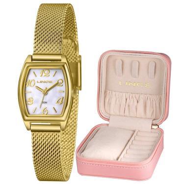 Imagem de Relógio Lince Feminino Ref: Lqgh278l22 B2kx Dourado Retangular Estojo Porta Joia