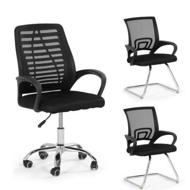 Imagem de Kit Cadeiras De Escritório 1 Base Giratória 2 Base Fixa