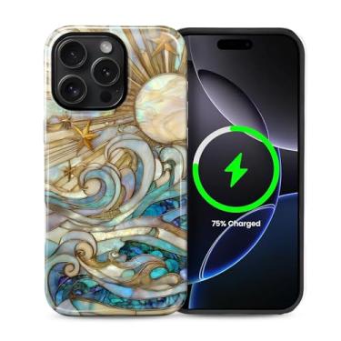 Imagem de casesok Capa para iPhone 15 Pro, compatível com MagSafe, capa rígida de camada dupla + capa de silicone, proteção total à prova de choque para iPhone 15 Pro-vitral ondas raios solares