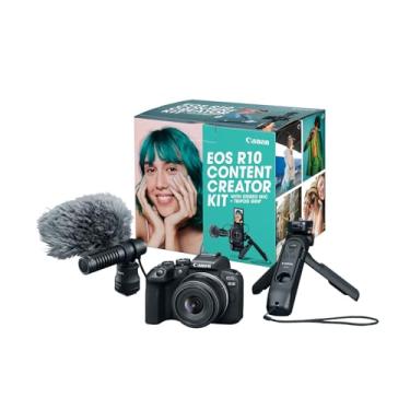 Imagem de Canon Kit de criação de conteúdo EOS R10, câmera vlogging sem espelho com RF-S18-45 mm F4.5-6.3 é lente STM, tripé e microfone estéreo, sensor CMOS (APS-C) de 24,2 megapixels, vídeo 4K, preto