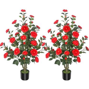 Imagem de HanJoy Pacote com 2 camélias artificiais de 100 cm/3,28 pés com 32 flores vermelhas em vasos de cimento – árvores falsas realistas para varanda, casa, decoração de primavera interna ao ar livre