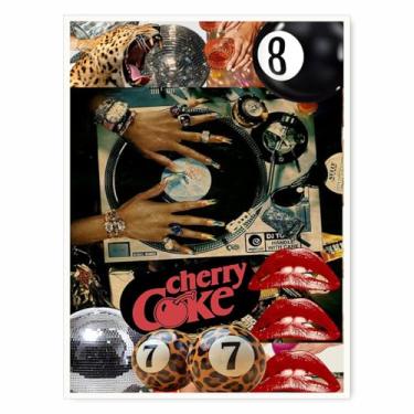 Imagem de Arte de parede de colagem de cultura pop retrô com estampa de leopardo, pôsteres de bola de discoteca cereja com disco de vinil e unhas glamourosas na moda quarto sala de música bar lounge decoração