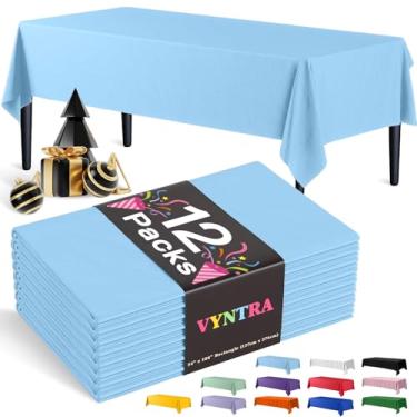 Imagem de Vyntra Toalhas de mesa descartáveis de plástico azul bebê 137 x 262 cm, pacote com 12 - capas de mesa de festa - à prova d'água, à prova de derramamento, fácil de limpar