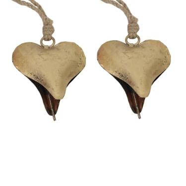 Imagem de Trrystals Detalhe de parede de ferro rústico – Conjunto de 2, decoração de metal feita à mão com corda para uso interno e externo (Sino dourado de coração aberto, 8,9 cm 7,6 cm)