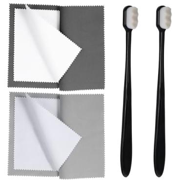 Imagem de 2 peças de pano de limpeza de joias pano de polimento de ouro prateado com 2 peças escova de limpeza de anel de joias preto prata esterlina roupas de limpeza para ouro, platina, diamantes, moedas