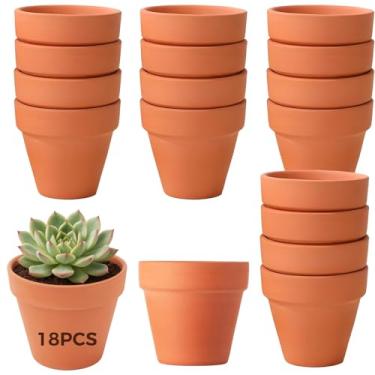 Imagem de 18 peças de mini vasos de barro de 7,6 cm, terracota com orifício de drenagem, adequado para plantas suculentas e cactos internos e externos, jardinagem e projetos criativos