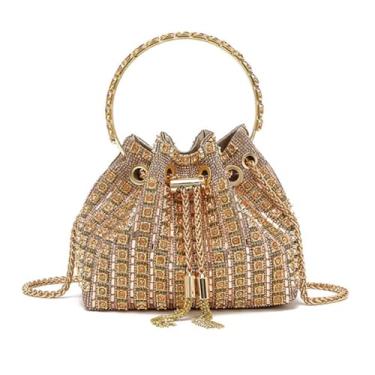 Imagem de Bolsa Noturna Bright Diamond para Mulheres de Mão com Glitter Festa Formatura Coquetel Casamento Bucket Luxuosa e Exquisita Corrente Metal Exterior Couro Falso PU Forro Poliéster Transversal Leve Port