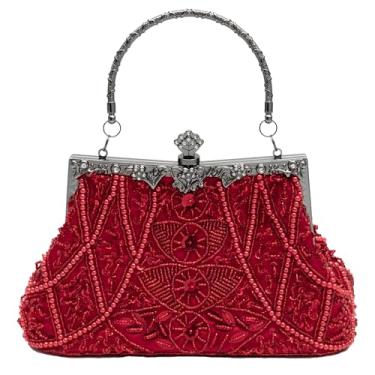 Imagem de YUGAORULI Bolsa de mão vintage floral com lantejoulas de strass bordada, bolsa de mão para noite, festa de casamento e formatura, Vermelho, 9"L x 6.1"H x 2.8"W