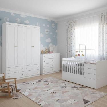 Imagem de Quarto Infantil 4 Portas Americano Com Berço Multifuncional Cleo Ambiente Branco Fosco Com Colchão Gazin - Henn