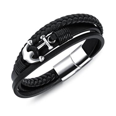 Imagem de Bracelete Anchor Charm para homens, couro poliuretano trançado de várias camadas